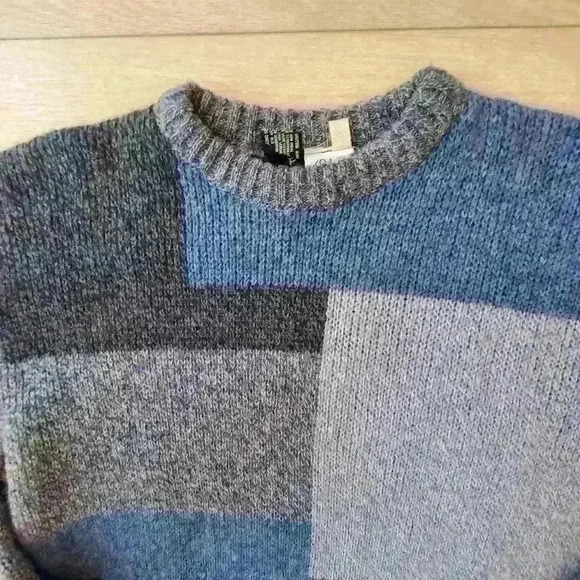 Oleg Cassini XL sweater pure new wool blue crewneck patchwork chunky vintage - Picture 2 of 6